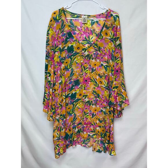 Anne Cole M/L Pink/Orange Floral Sheer Knee Length Swimsuit Cover Up - Picture 1 of 7